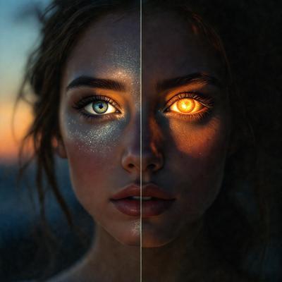 The primary subject of the image is a woman with blue eyes and a glowing yellow light shining on her face. The setting is a dark background, which contrasts with the bright light illuminating the woman's face. The visual style appears to be a digital art or illustration, as the woman's eyes and the light source are depicted in a stylized manner. The colors and mood of the image are dramatic and captivating, with the blue eyes and the yellow light creating a striking contrast against